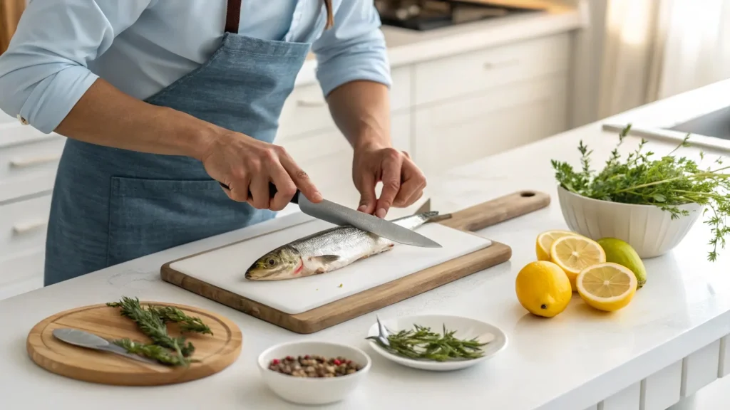 Step-by-step guide on how to clean smelt fish before cooking, showing the fish being prepared on a cutting board.