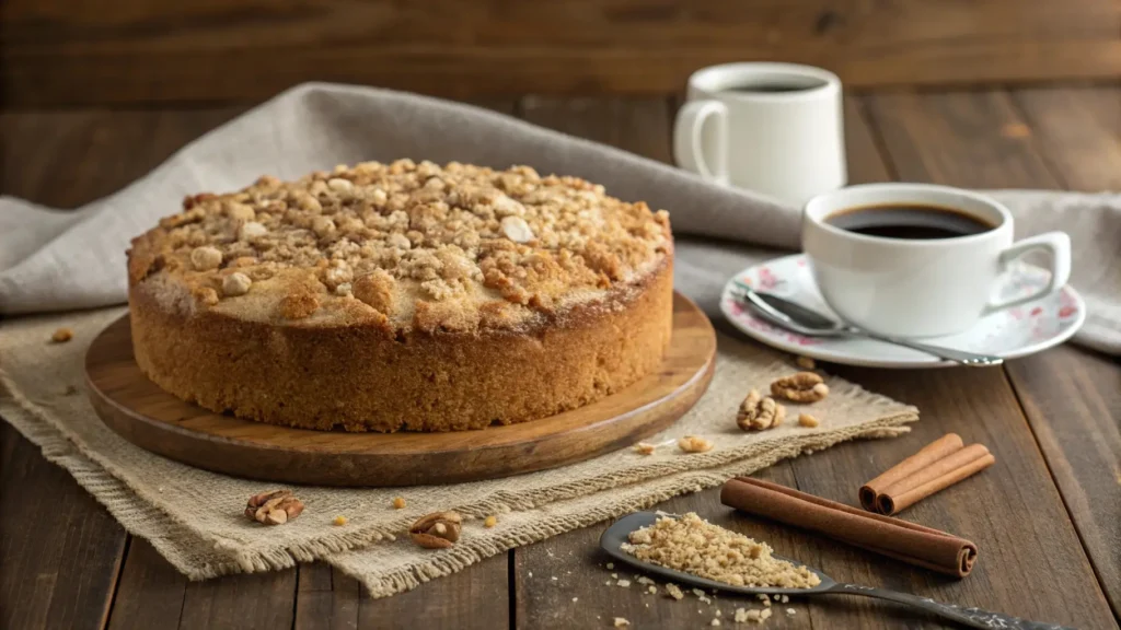 A beautifully styled coffee cake with oatmeal streusel topping, perfect for breakfast or dessert, served with coffee.