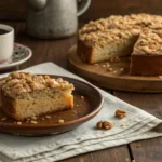 A delicious coffee cake with a golden oatmeal streusel topping, perfect for breakfast or dessert, served with a cup of coffee.