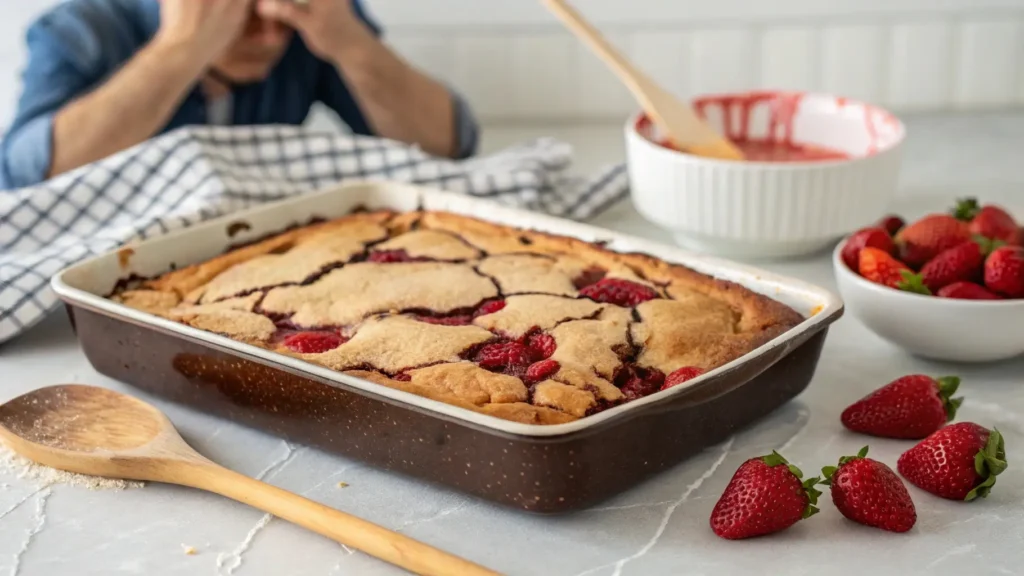 Overbaked strawberry earthquake cake with deep cracks and a burnt top, highlighting common baking mistakes to avoid.
