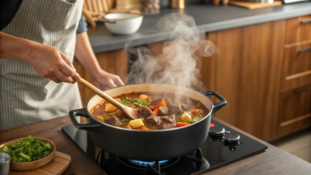 A pot of Hawaiian beef stew simmering on the stovetop, showcasing the rich flavors of the dish as it cooks.