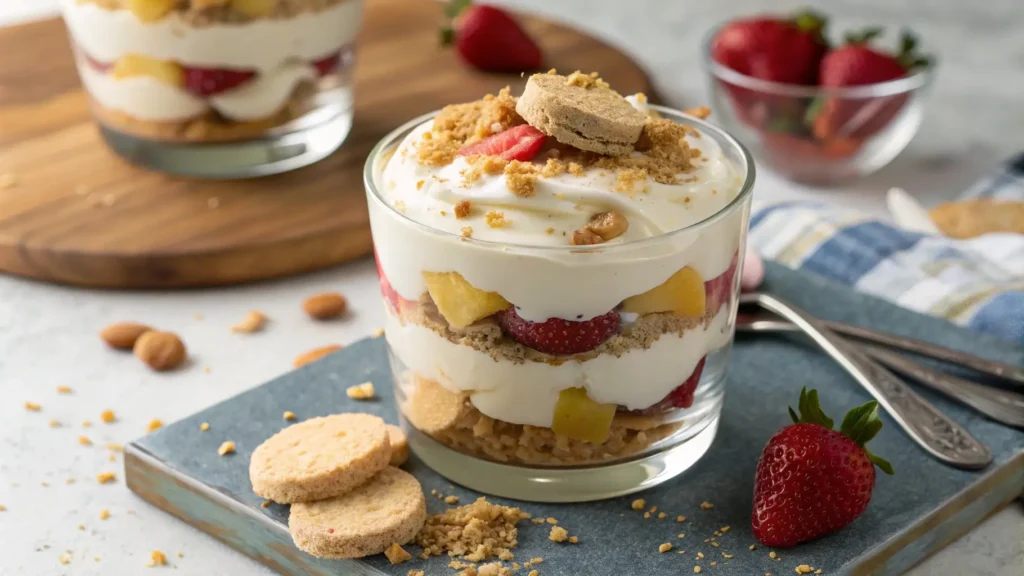 A stunning parfait featuring creamy white chocolate pudding, whipped cream, and fresh fruit, showcasing creative serving ideas.