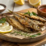 Golden and crispy fried smelt fish served with fresh lemon wedges and herbs, perfect for a quick and healthy meal.