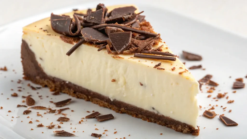 A rich slice of cheesecake made with white chocolate pudding, perfect for dessert lovers seeking indulgent cream cheese and white chocolate instant pudding mix recipes.