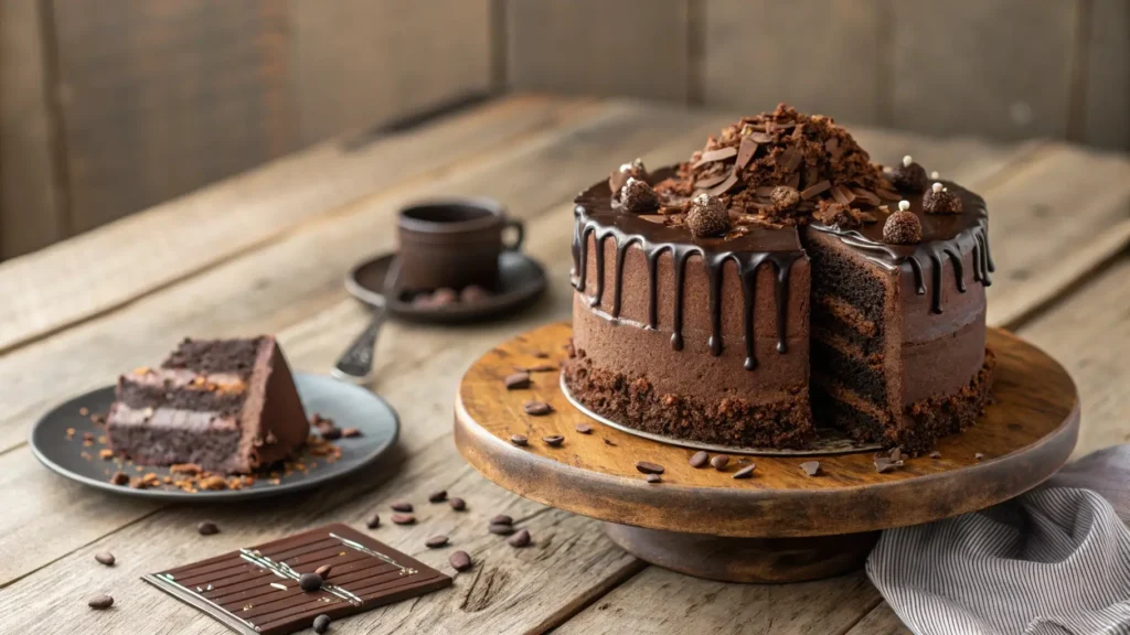 A beautifully decorated Brooklyn Blackout Cake with chocolate crumbles and drizzle on a wooden table.