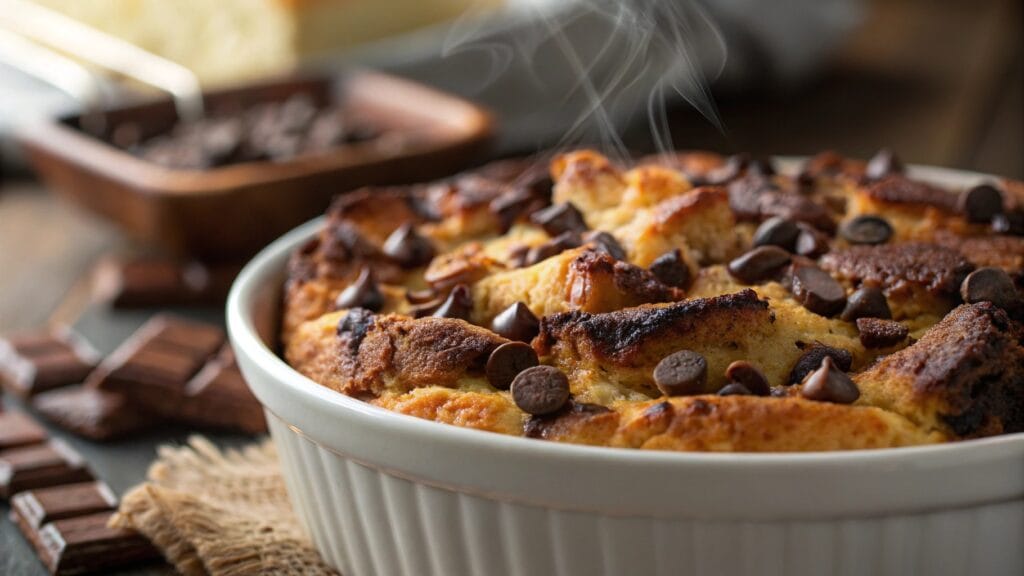 A close-up view of chocolate chip bread pudding, golden and rich, with chocolate chips melted inside, perfect for any sweet-tooth craving.