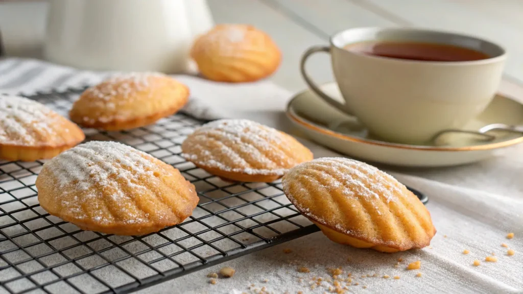 Close-up of freshly baked Madeline cookies recipe using cream with powdered sugar and tea, showcasing their soft, golden texture.