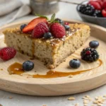 A slice of vegan oat cake topped with fresh berries and maple syrup, offering a healthy and delicious dessert option for any occasion.