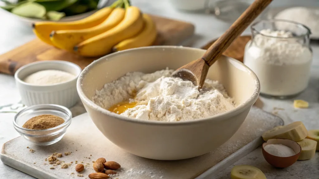 Flour, baking soda, and salt mixed together for banana bread preparation.