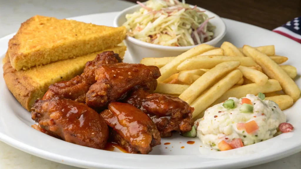 A plate of South Boston VA Dulce Chile Chicken Wings served with coleslaw, cornbread, and French fries, creating a flavorful meal.