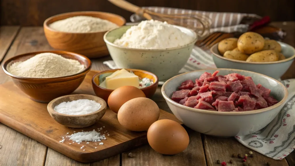 A collection of fresh ingredients for making chipped beef flour dumplings potatoes recipe, including flour, potatoes, and chipped beef.