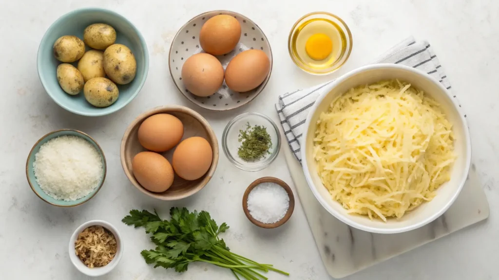 Essential ingredients for potato pie: grated potatoes, eggs, onions, oil, and seasonings, displayed on a kitchen counter.