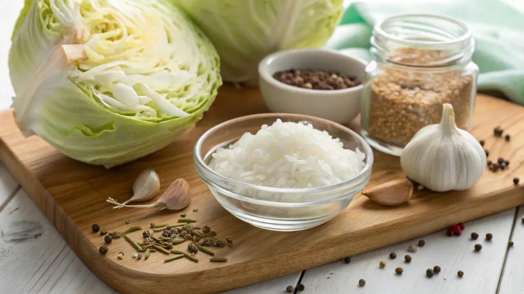 A collection of essential ingredients for making coal miner's recipe for sauerkraut including cabbage, caraway seeds, garlic, and sea salt, perfect for the traditional recipe.