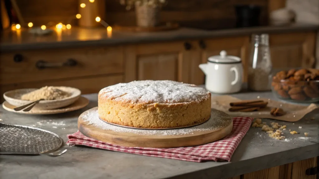 Fresh, fluffy vegan oat cake topped with powdered sugar, creating a cozy, inviting dessert.