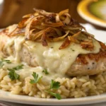 A delicious serving of French Onion Chicken and Rice, topped with melted mozzarella cheese and crispy onions, garnished with fresh parsley for added flavor.