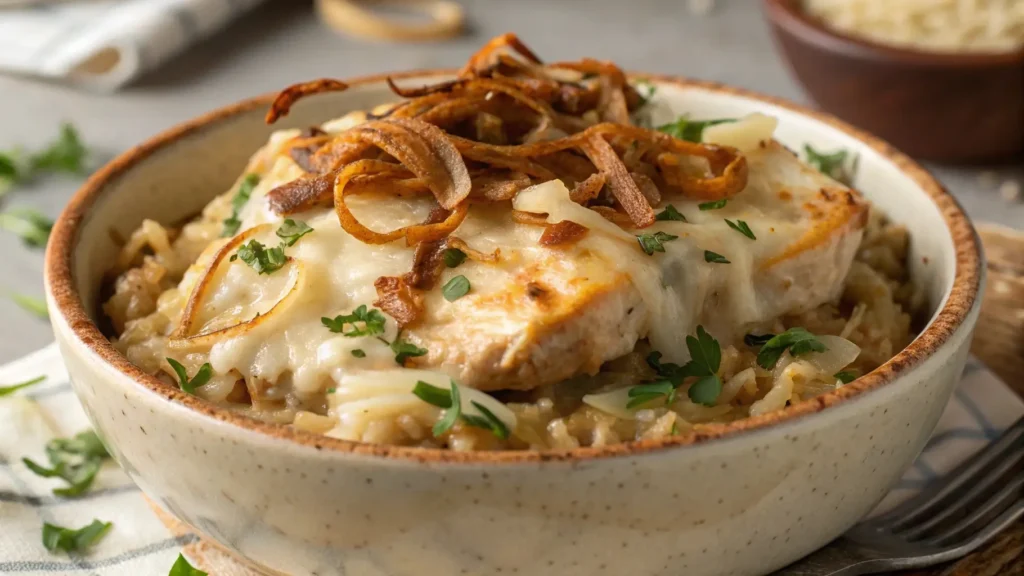 A mouthwatering close-up of French Onion Chicken and Rice, topped with melted cheese and crispy onions, ready to enjoy.