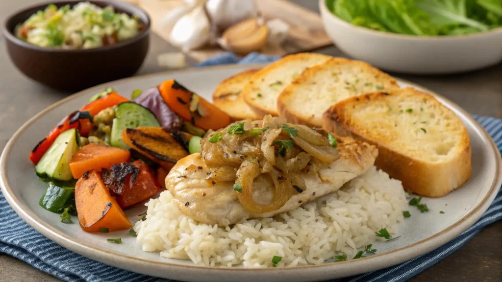 A well-balanced meal featuring French Onion Chicken and Rice with roasted vegetables, garlic bread, and a fresh salad.