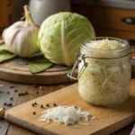 A jar of freshly made sauerkraut surrounded by natural ingredients like cabbage, caraway seeds, and garlic, showcasing the traditional coal miner's recipe for sauerkraut.