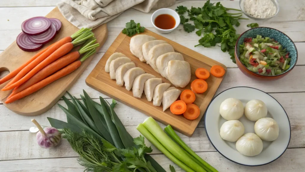 A close-up of fresh chicken, vegetables, and dumpling dough, ready for a chicken dumpling recipe.