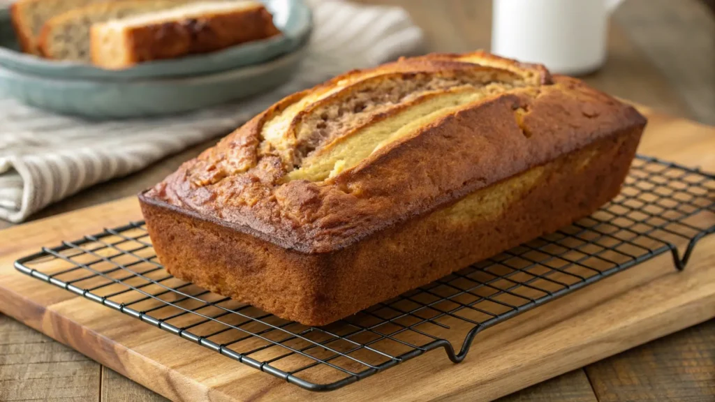 A loaf of homemade banana bread cooling on a wire rack, ready to be served.