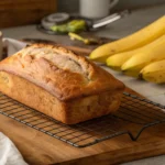 A loaf of freshly baked banana bread cooling on a wire rack, with ripe bananas on the side, ready to be sliced and served.