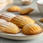 Delicious homemade Madeline cookies with cream, golden brown and dusted with powdered sugar, perfect for a sweet treat or tea time.