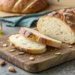 A close-up of a slice of Paloma Greenville bread with ricotta and Marcona almonds, showing its soft texture and nutty flavor, perfect for a savory meal.