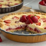 A deliciously golden-brown strawberry cheesecake dump cake, topped with fresh strawberries and a dusting of powdered sugar, ready to serve.