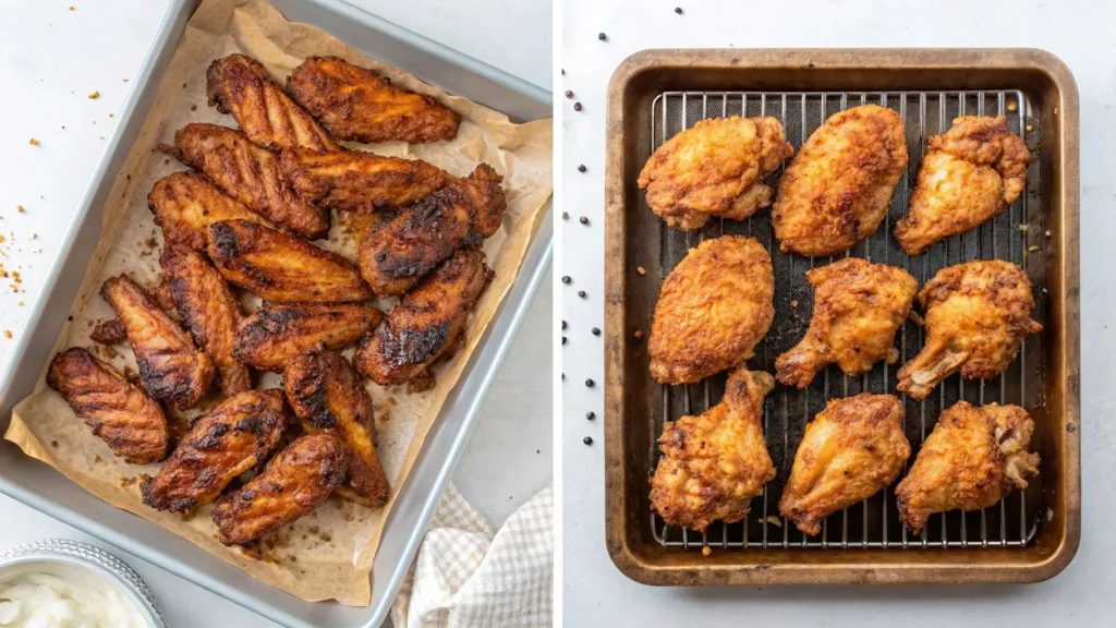 A comparison of crispy fried, oven-baked, and grilled chicken wings, illustrating different cooking methods for Dulce Chile Chicken Wings.