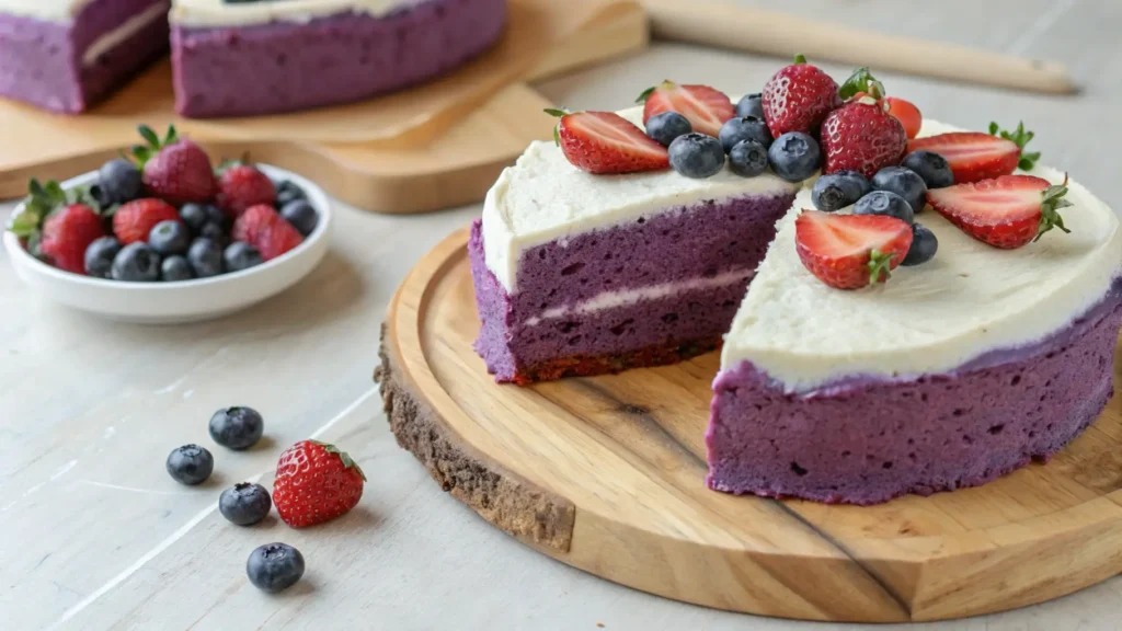 Delicious gluten-free purple velvet cake slice with smooth frosting and fresh berries, perfect for dietary needs.