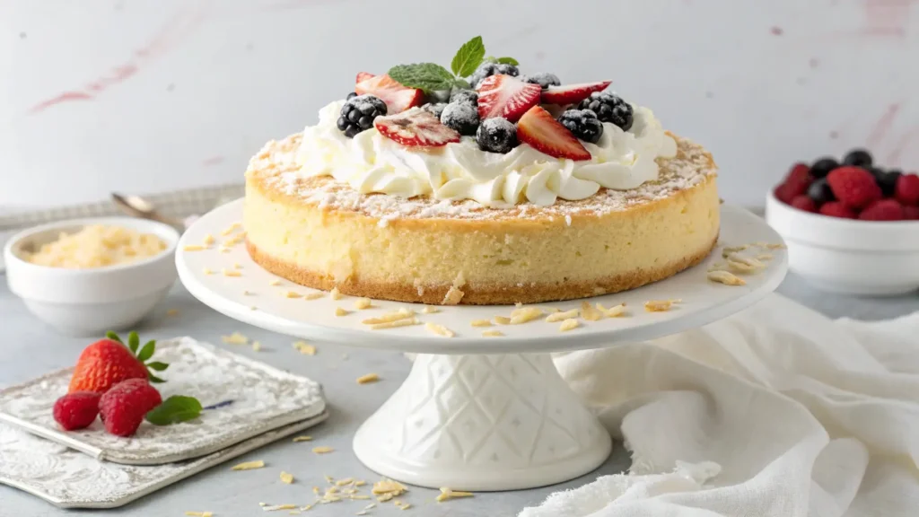 Delicious gluten-free white chocolate cake topped with whipped cream, berries, and chocolate shavings. A perfect dessert for any occasion.