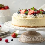 Delicious gluten-free white chocolate cake topped with whipped cream and fresh berries, perfect for a festive dessert.