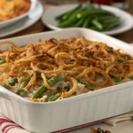 A delicious, golden-brown green bean casserole with crispy fried onions, perfect for family dinners or holiday meals.