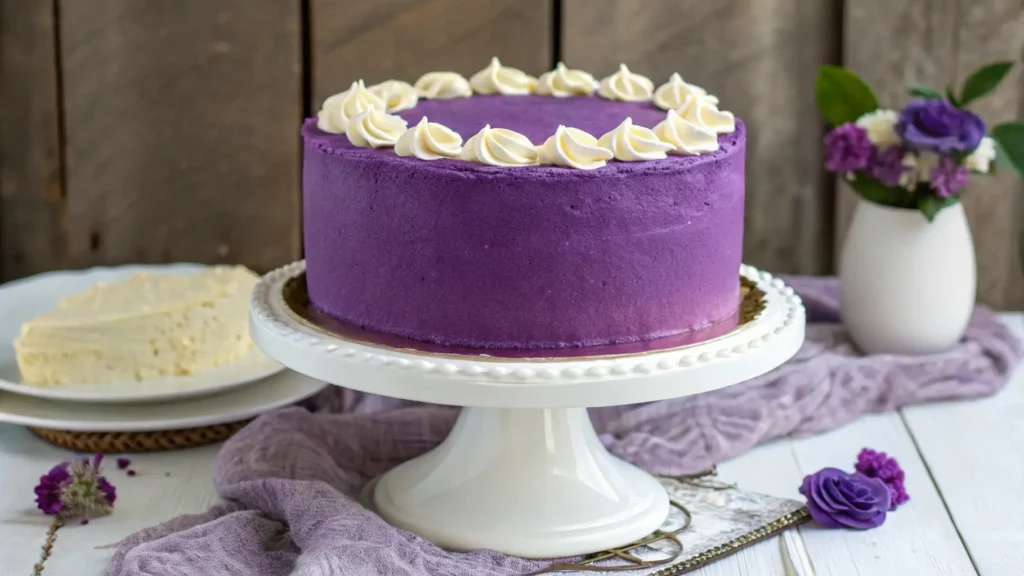 Vibrant purple velvet cake recipe with cream cheese frosting, sitting on a cake stand, ideal for special occasions and celebrations.