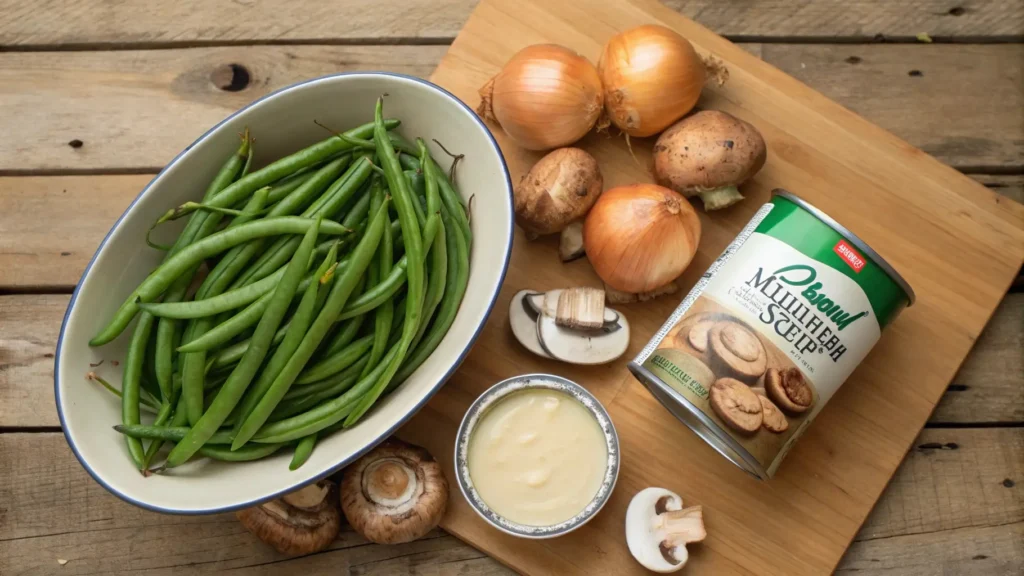 Essential ingredients for a perfect green bean casserole recipe, including fresh green beans, mushrooms, onions, and cream of mushroom soup.