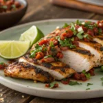 A vibrant and flavorful dish of grilled chicken seasoned with Sazon, coriander, and annatto, garnished with fresh herbs, and served with a lime wedge for added zest.