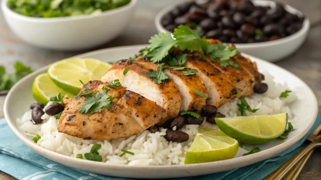 A delicious plate of grilled chicken with Sazon seasoning, served alongside a flavorful side dish.