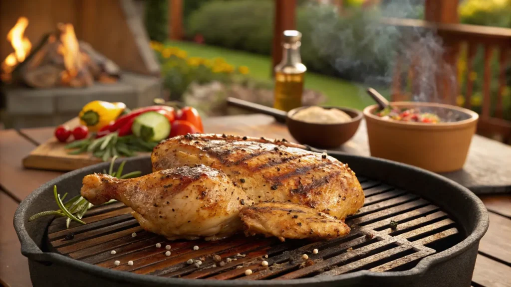 Grilled chicken with Sazon seasoning, coriander, and annatto sizzling on the grill, creating a mouthwatering flavor.