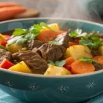 A steaming bowl of Hawaiian beef stew filled with tender beef, carrots, potatoes, and tropical pineapple, garnished with fresh cilantro for a flavorful, hearty meal.