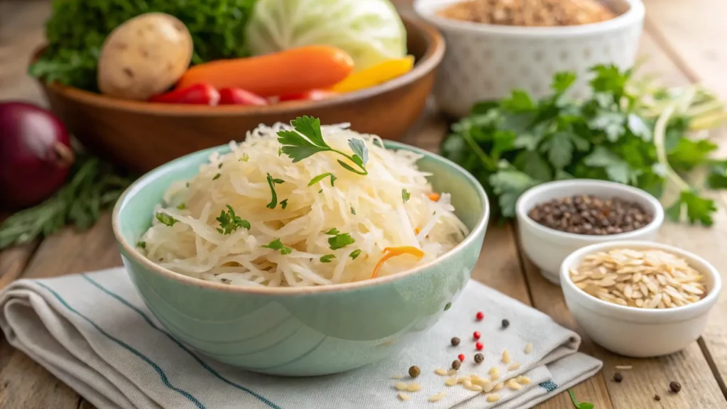 A healthy serving of freshly made sauerkraut with herbs, illustrating the digestive and health benefits of this traditional recipe.