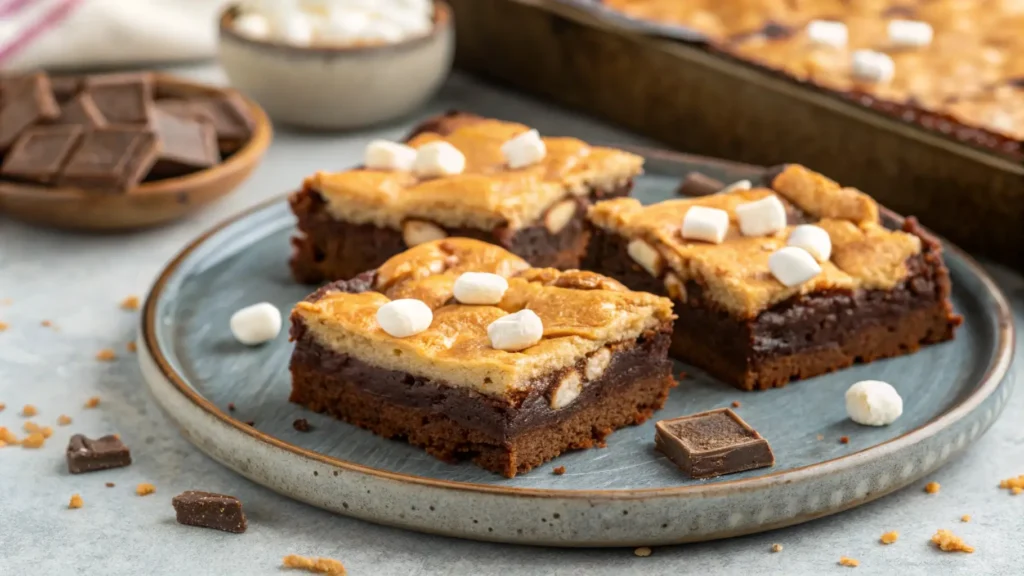 Delicious batch of heavenly hash brownies, crispy top, rich chocolate flavor, gooey center served on a wooden plate.