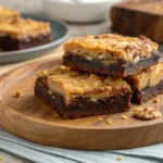 Delicious heavenly hash brownies with a crispy top, gooey chocolate layers, and marshmallows, cut into squares and served on a plate.