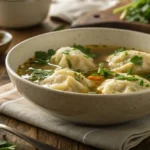 A delicious bowl of chicken dumplings in savory broth, garnished with fresh parsley. Perfect for a comforting, homemade meal.