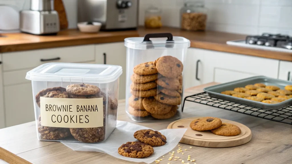 Brownie banana cookies stored in an airtight container and freezer-safe bag, showing the best methods for keeping them fresh longer.