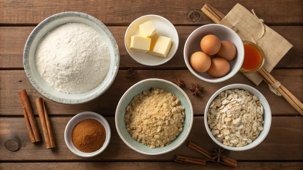 A visually appealing arrangement of ingredients for making coffee cake with oatmeal streusel, including oats, sugar, and cinnamon.