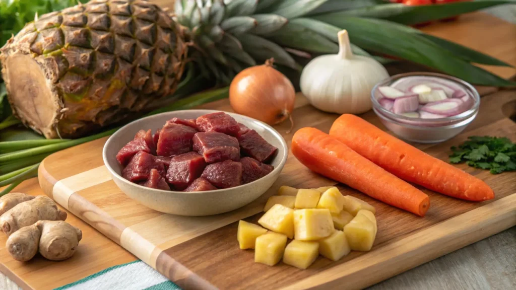 A fresh selection of ingredients for Hawaiian beef stew, including beef, carrots, potatoes, onions, and pineapple, perfect for an authentic tropical stew.