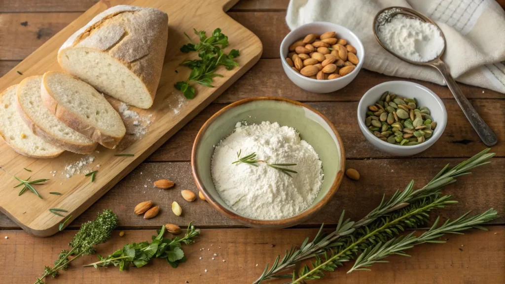 Display of ingredients including flour, ricotta, Marcona almonds, and fresh herbs for Paloma Greenville bread.