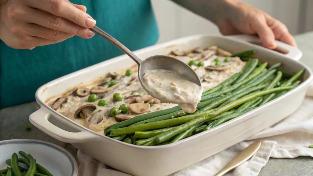 Step-by-step process of layering green beans and creamy mushroom sauce to make the perfect green bean casserole.