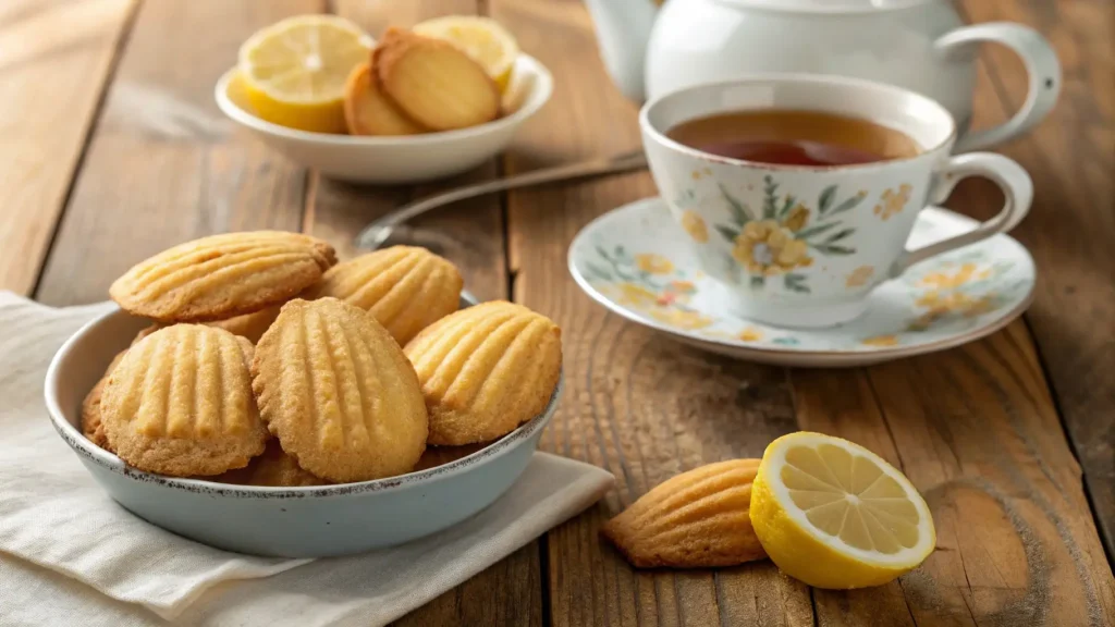 Madeline cookies on a rustic wooden table, served with tea and lemon slices, showcasing their soft texture and elegant shape.