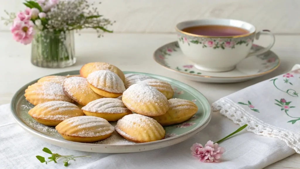 A plate of Madeline cookies dusted with powdered sugar, elegantly paired with a cup of tea for an indulgent treat.